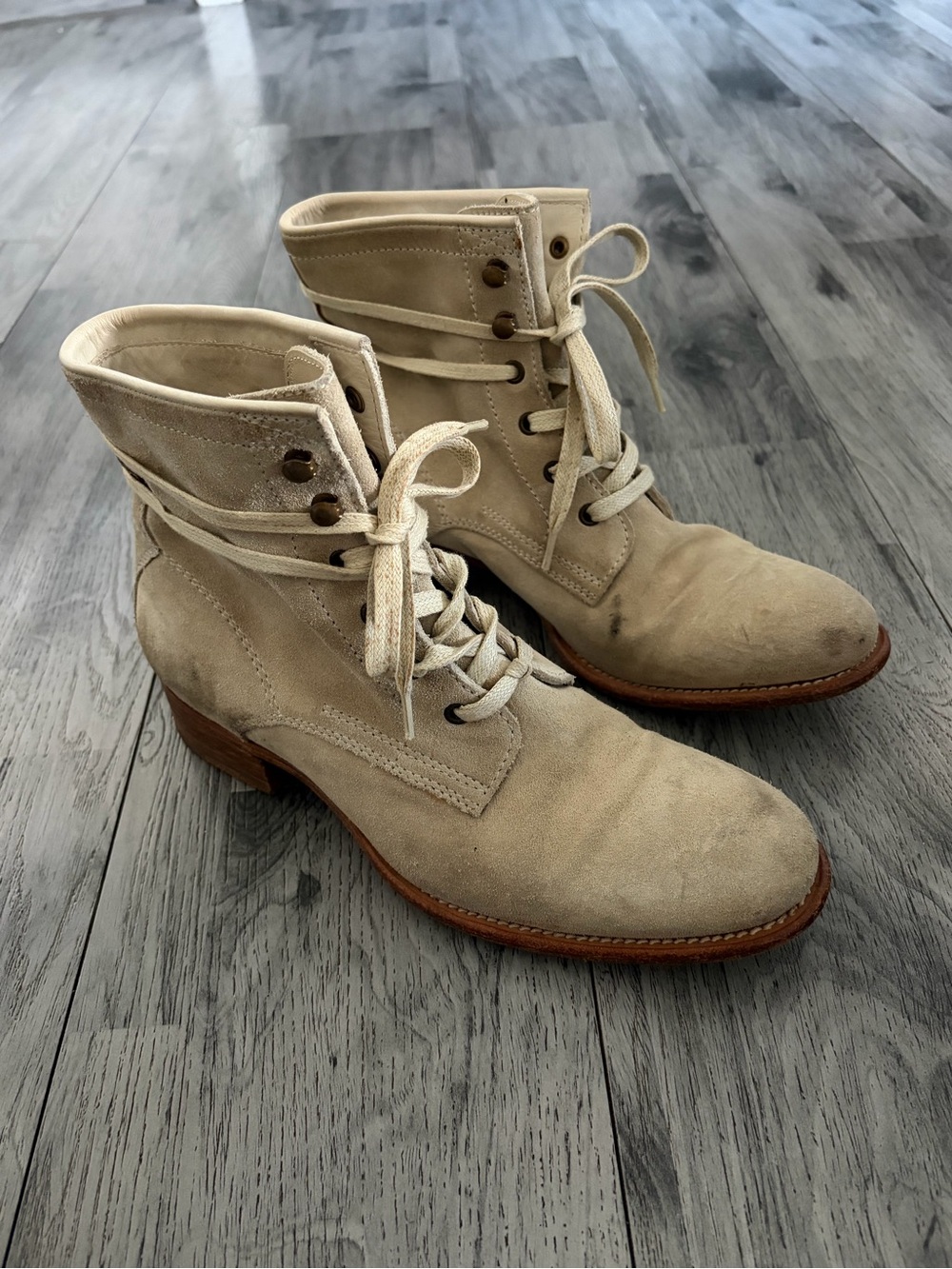 n.d.c. Made by Hand Cream Suede Lace-Up Ankle Boots with Stacked Heel